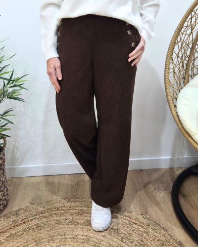Pantalon large velours femme taille haute boutonné marron