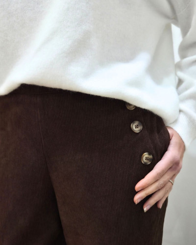 Pantalon large velours femme taille haute boutonné marron