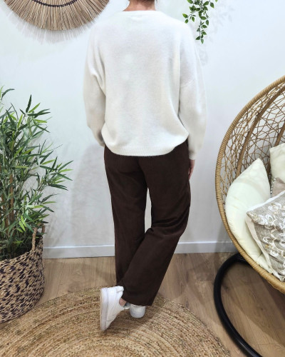 Pantalon large velours femme taille haute boutonné marron