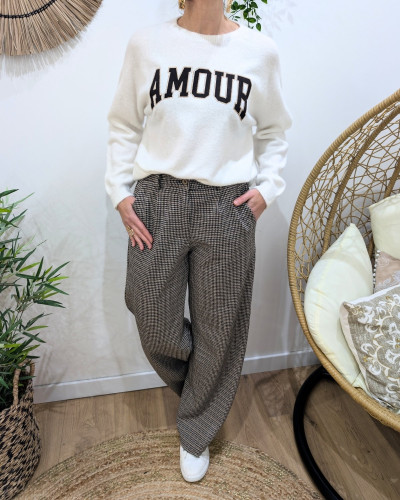 Pantalon femme fluide pied de poule marron noir doré Zéa