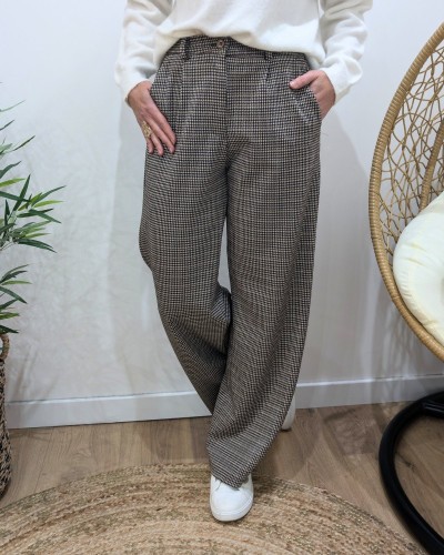 Pantalon femme fluide pied de poule marron noir doré Zéa