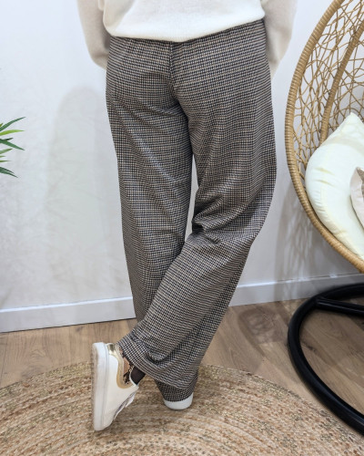 Pantalon femme fluide pied de poule marron noir doré Zéa