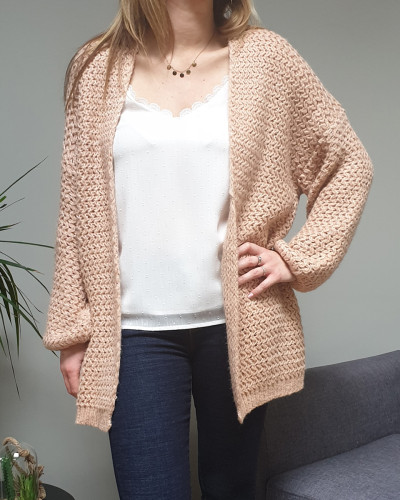 Gilet long rose et cuivré maille douce ajourée