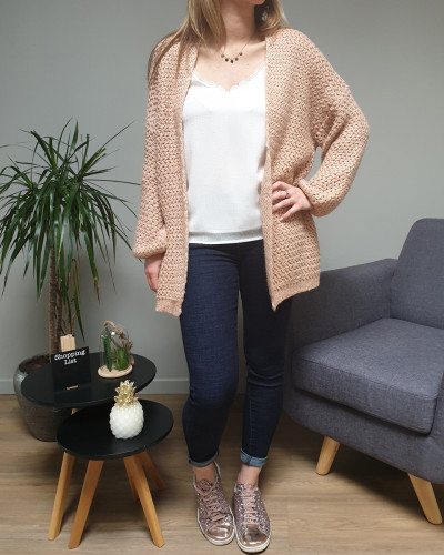 Gilet long rose et cuivré maille douce ajourée