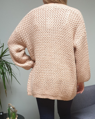 Gilet long rose et cuivré maille douce ajourée