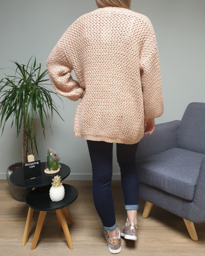 Gilet long rose et cuivré maille douce ajourée