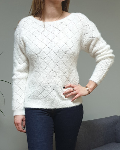 Pull boutonné réversible ajouré blanc cassé