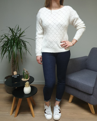 Pull boutonné réversible ajouré blanc cassé