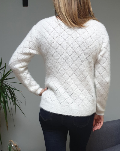 Pull boutonné réversible ajouré blanc cassé