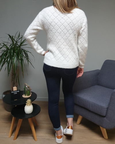 Pull boutonné réversible ajouré blanc cassé