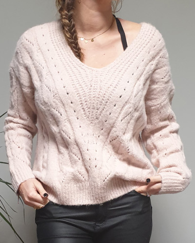 Pull rose pale lisere paillete doux col V Cocoon 13174