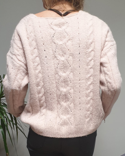 Pull rose pâle liseré pailleté doux col V Cocoon