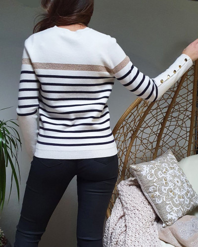Pull marinière blanc rayures marines bande dorée