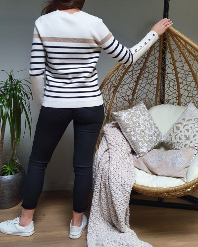 Pull marinière blanc rayures marines bande dorée