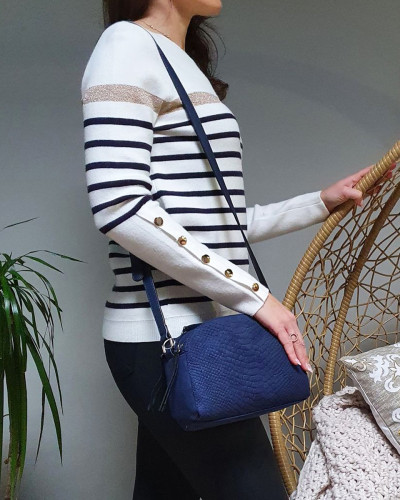 Pull marinière blanc rayures marines bande dorée