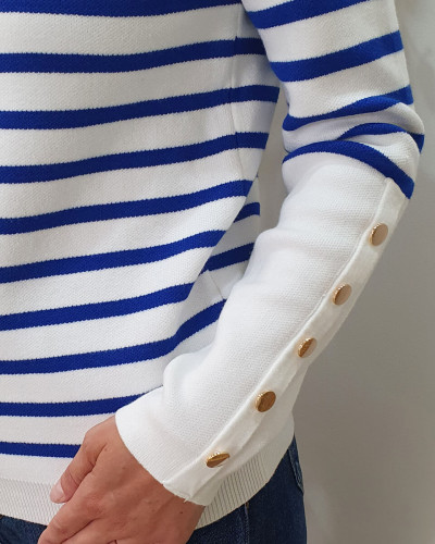 Pull marini re blanc rayures bleu roi bande dor e 15718