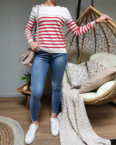 Pull marini re blanc rayures fines rouge et dor 15721