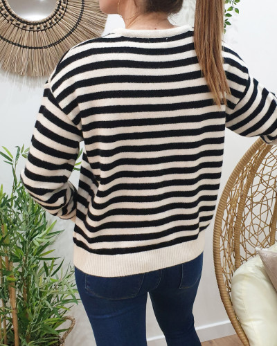 Pull marinière noir blanc cassé coeur rose