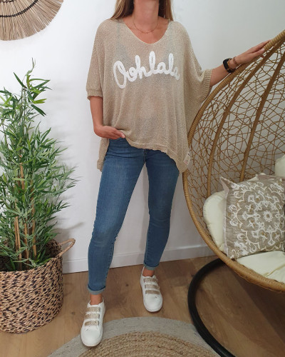 Pull fluide beige maille dorée Oohlala blanc