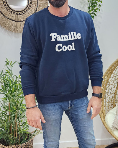 Sweat marine broderie Famille Cool blanc