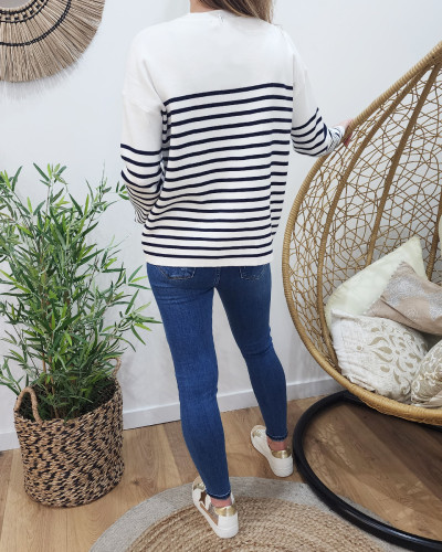 Pull femme marinière blanche AMOUR marine