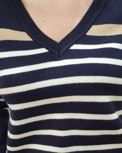 Pull femme marinière col V marine rayures blanches et dorées