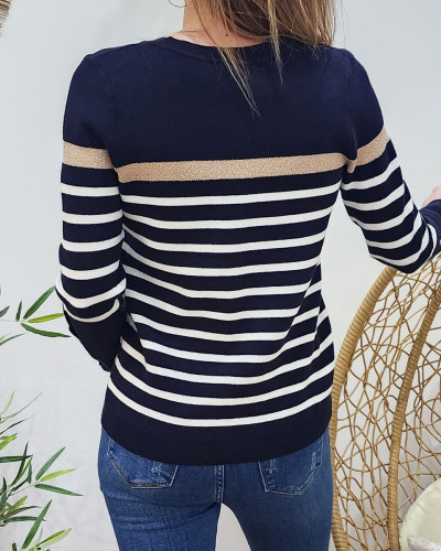 Pull femme marinière col V marine rayures blanches et dorées