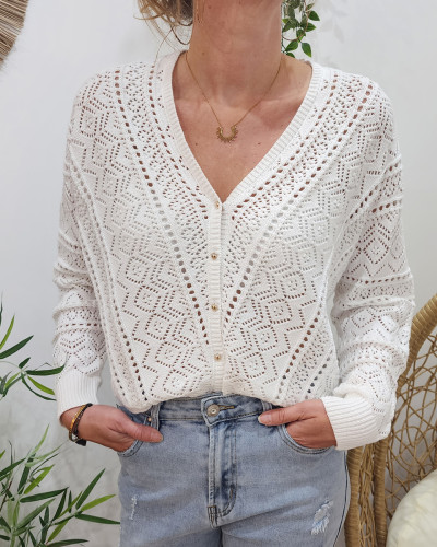 Pull femme crochet boutonné blanc Maika