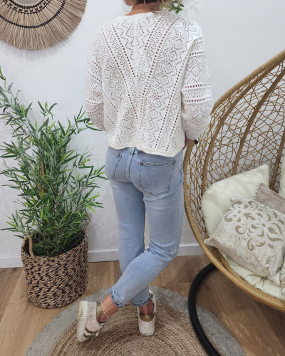 Pull femme crochet boutonné blanc Maika