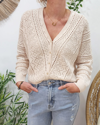Pull femme crochet boutonné beige Maika