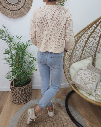 Pull femme crochet boutonné beige Maika