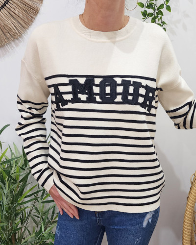 Pull femme marinière beige AMOUR noir