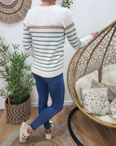 Pull femme marinière col V blanche rayures vertes et dorées