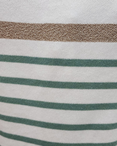 Pull femme marinière col V blanche rayures vertes et dorées
