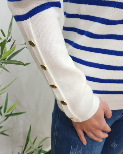 Pull femme marinière col V blanche rayures bleu roi et dorées