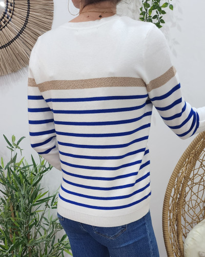 Pull femme marinière col V blanche rayures bleu roi et dorées