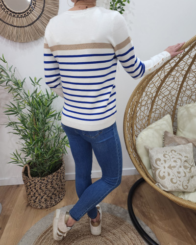 Pull femme marinière col V blanche rayures bleu roi et dorées