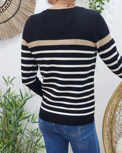 Pull femme marinière col V noire rayures blanches et dorées