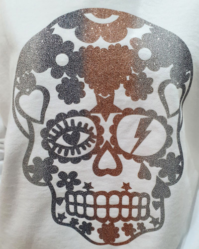 Sweat femme blanc tête mexicaine pailletée argent et rose