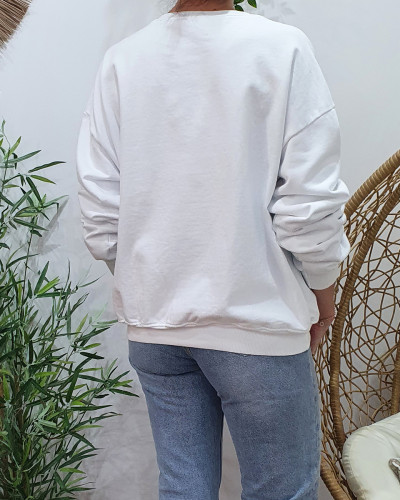 Sweat femme blanc tête mexicaine pailletée argent et rose