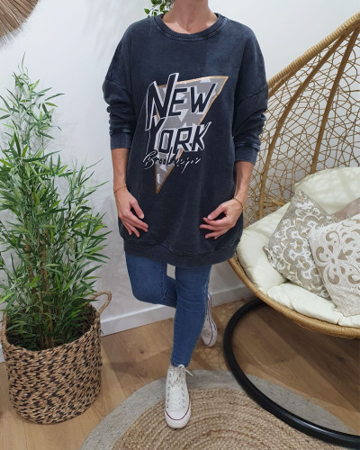 Sweat long gris délavé et doré New York Brooklyn