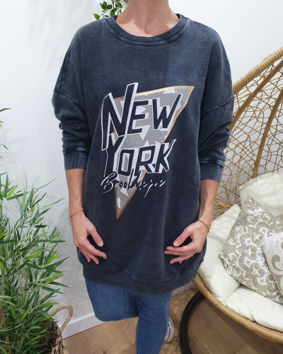 Sweat long gris délavé et doré New York Brooklyn