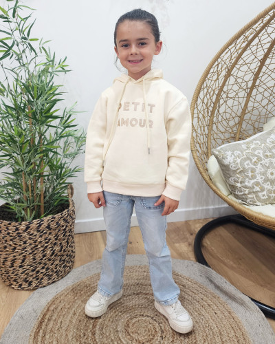 Sweat à capuche enfant beige broderie Petit Amour