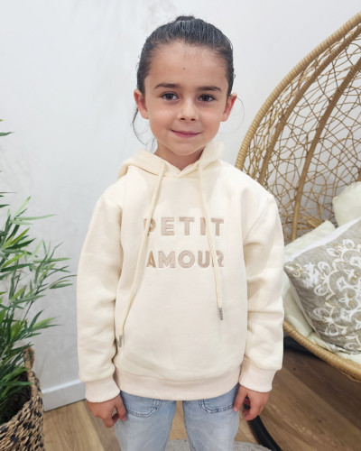 Sweat à capuche enfant beige broderie Petit Amour