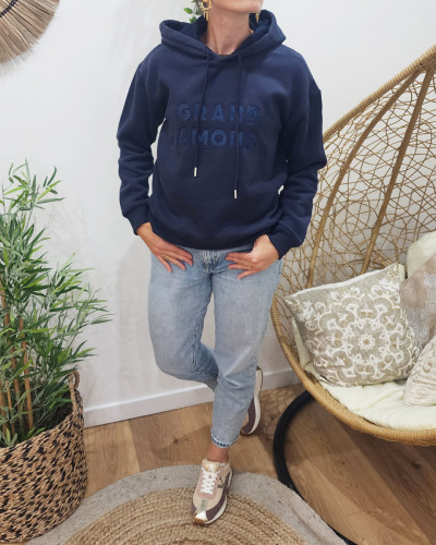 Sweat femme bleu marine broderie Grand Amour