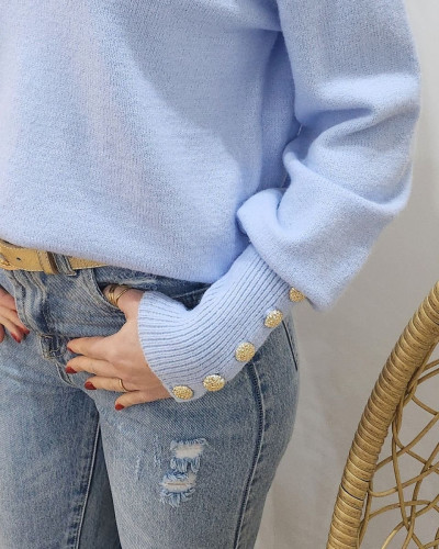 Pull femme uni col V manches boutonnées