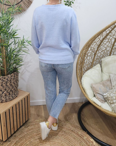 Pull femme uni col V manches boutonnées