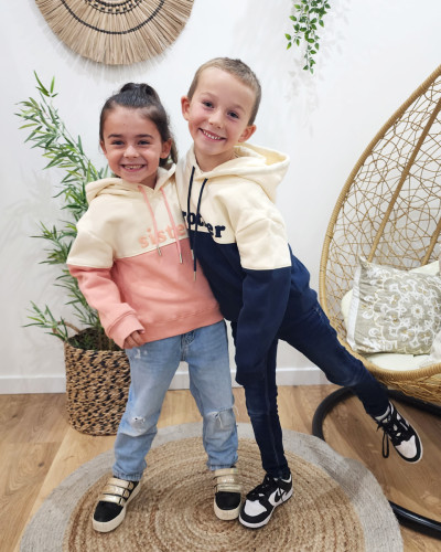 Sweat à capuche enfant beige et rose Sister