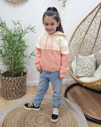 Sweat à capuche enfant beige et rose Sister