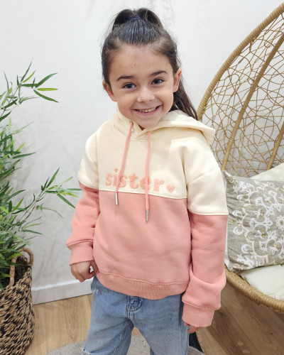 Sweat à capuche enfant beige et rose Sister